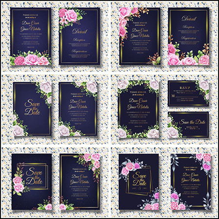 6款现代花卉装饰婚礼邀请函活动邀请卡易图库矢量模板精选