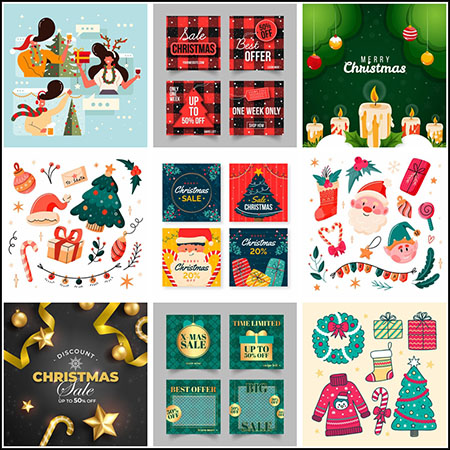 10套圣诞节彩绘主题元素插图促销横幅16图库矢量模板精选