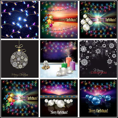 10款圣诞节圣诞球和灯带装饰海报背景16设计网矢量模板精选