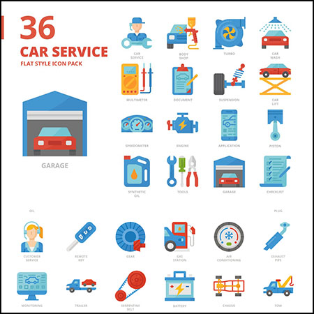 36个汽车维修售后服务营销扁平化16素材网矢量图标精选