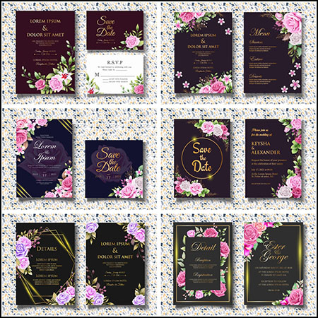 7套豪华花卉装饰婚庆婚礼邀请函素材中国矢量模板精选