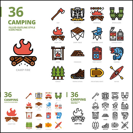 36个野外露营填充轮廓样式线性图标