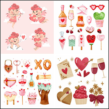 13套情人节粉色爱心花卉浪漫水彩插图16图库矢量素材精选
