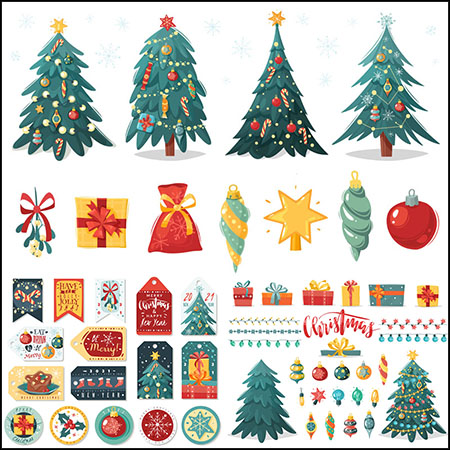 8套圣诞树圣诞节装饰品礼盒衣服矢量设计素材