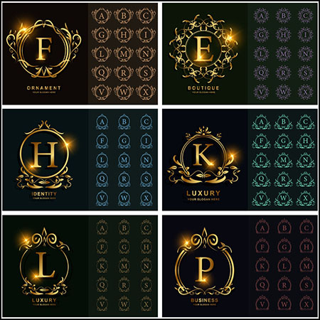 8套金色花卉框架装饰字母LOGO标志