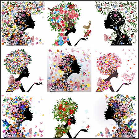 22款浪漫漂亮花卉女孩剪影插图素材天下矢量素材精选