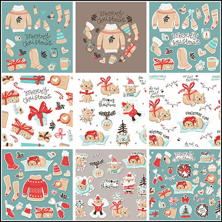 9套圣诞老人猫咪和礼物盒圣诞元素剪贴画16图库矢量素材精选