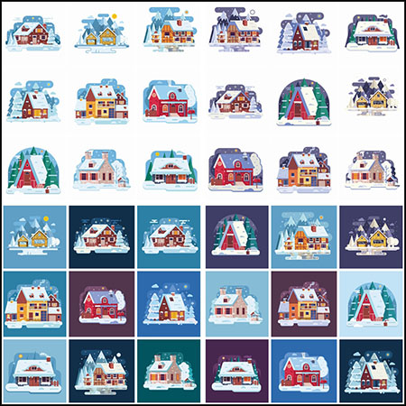 49款圣诞节冬季白天和晚上林中雪屋房屋普贤居矢量插图精选