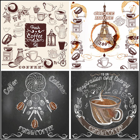 8套各式各样的咖啡杯和咖啡豆LOGO普贤居矢量插图精选