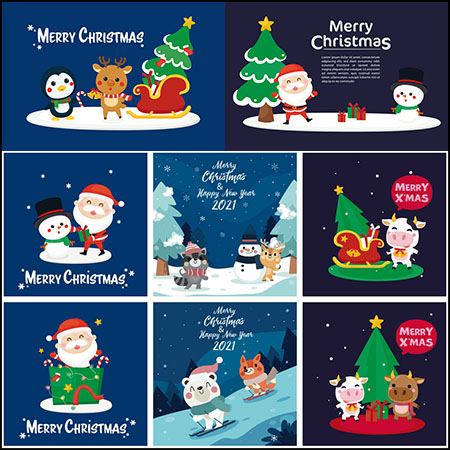 14款卡通圣诞老人麋鹿圣诞节海报贺卡插画素材天下矢量素材精选