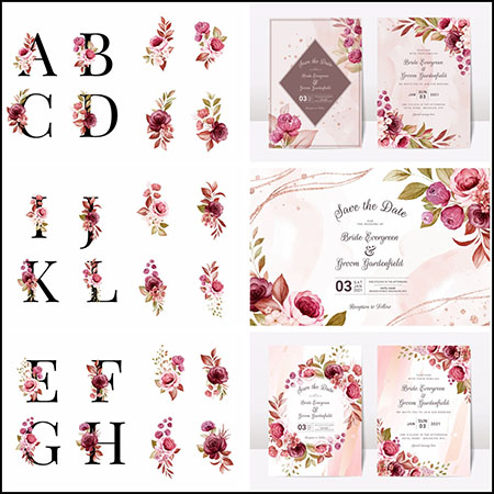 8套花卉装饰的字母和水彩花环婚礼邀请函16图库矢量素材精选