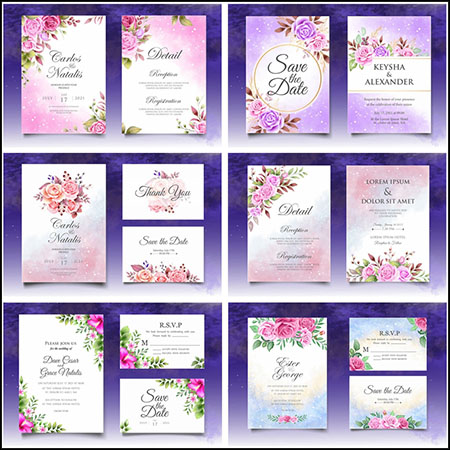 7款粉色紫色玫瑰花婚礼邀请函活动邀请卡素材天下矢量模板精选