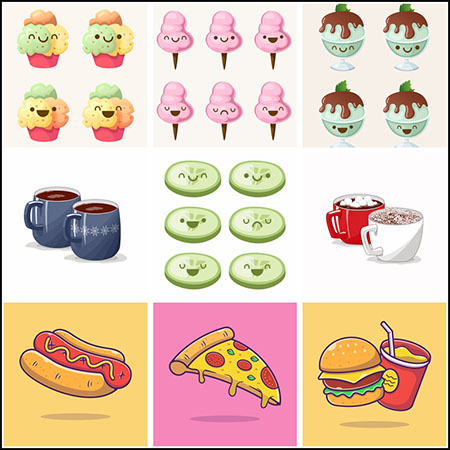 18套卡通可爱拟人化饮料冰淇淋汉堡薯条热狗16设计网矢量插图精选