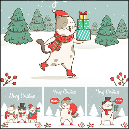 9款手绘可爱卡通猫圣诞插图易图库