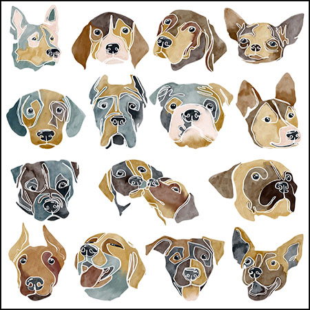 16款不同品种的抽象狗头普贤居矢量插图精选