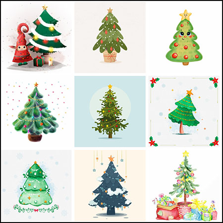 11款圣诞节水彩圣诞树插图易图库矢量素材精选