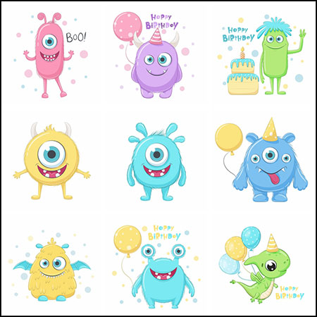 9款可爱卡通生日快乐短语怪物16设计网矢量插图精选