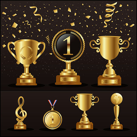 8套金色获奖者奖杯奖牌16设计网矢量插图精选