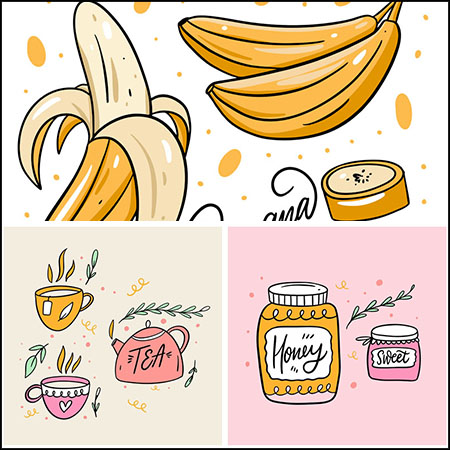 5套香蕉和切片的香蕉水壶茶杯易图库矢量插图精选