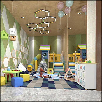 现代幼儿园儿童娱乐场所滑滑梯桌椅吊灯组合3D模型16设计网精选
