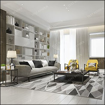 带黄色扶手椅和书架的现代客厅和电视3D模型