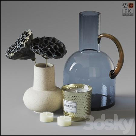 蜡烛玻璃水壶和枯萎的莲蓬装饰品3D模型