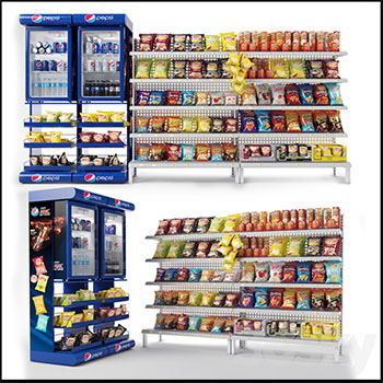 超市购物中心薯片零食展示架和百事可乐饮料柜3DMAX模型