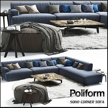 蓝色转角沙发茶几和地毯3D模型16设计网精选