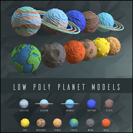 9款低多边形行星（太阳和月亮）OBJ格式3D模型