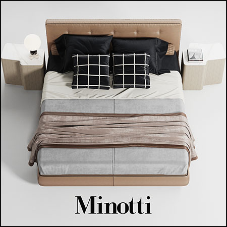 Minotti欧式双人床和床头柜套装3D模型