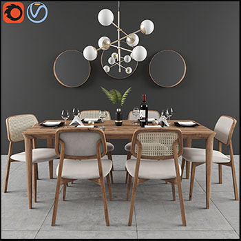木质餐桌和藤编餐椅3D模型16设计网精选