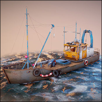 中高精度次世代卡通旧渔船3D模型16