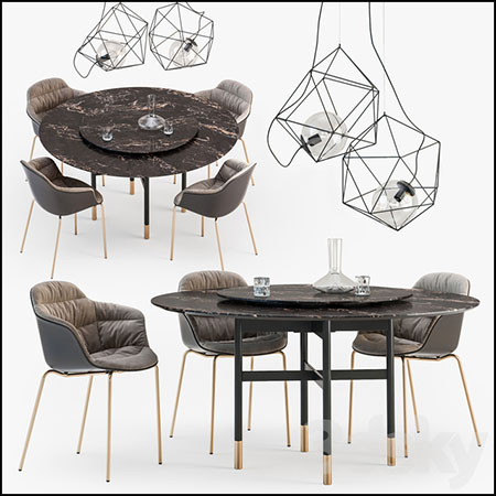 圆形餐桌餐椅和金属吸顶灯3D模型