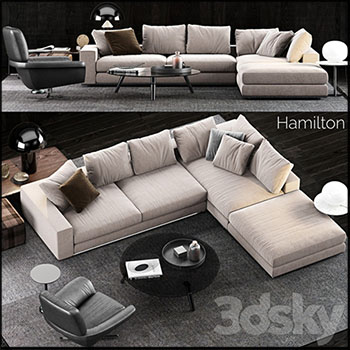 转角沙发和扶手椅咖啡桌台灯组合3D模型16设计网精选