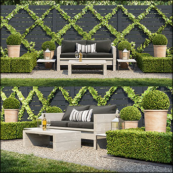 花园户外休息区沙发和绿色植物装饰3D模型