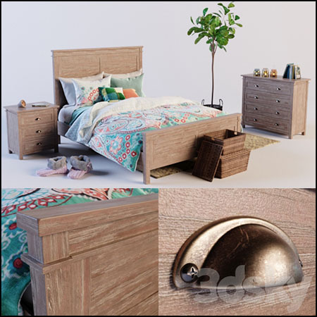 实木双人床和床头柜编织收纳篮装饰品3D模型