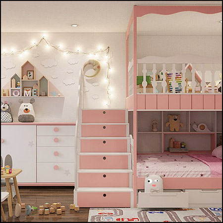 粉色儿童上下双层床儿童卧室场景3D