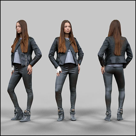 穿皮夹克时尚长发女人3D模型