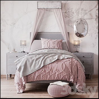粉色系女生卧室单人床床头柜3D模型