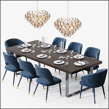 工业风长方形餐桌餐椅和吊灯3D模型