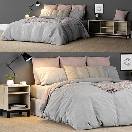 欧式床和粉红色枕头及床头柜3D模型