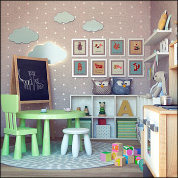 儿童房间场景（装饰和家具）3D模型素材