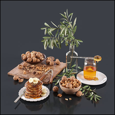 核桃蜂蜜和饼等食物装饰品3D模型素材天下精选