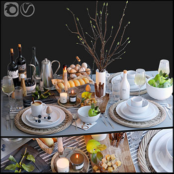 餐桌上的盘子和食物红酒及摆件3D模