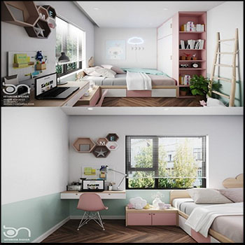 现代风格儿童卧室室内场景3D模型16素材网精选