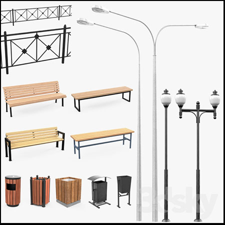 公园路灯垃圾桶和长椅3D模型素材天