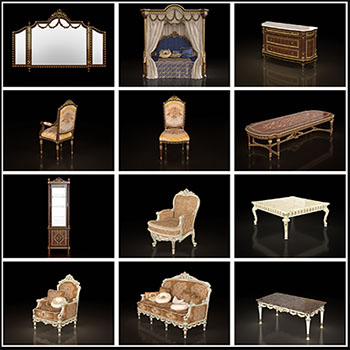 41款复古家具家居用品办公桌椅子床和换鞋凳等3D模型16设计网精选