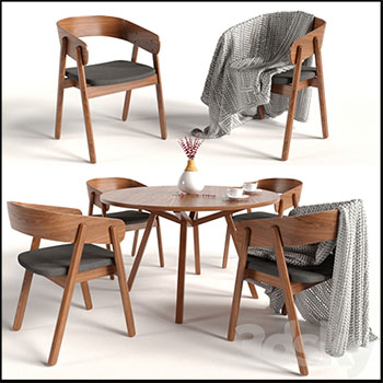 胡桃色餐桌和餐椅3D模型