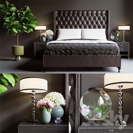 费雷卧室床和花卉灯具3D模型装饰品