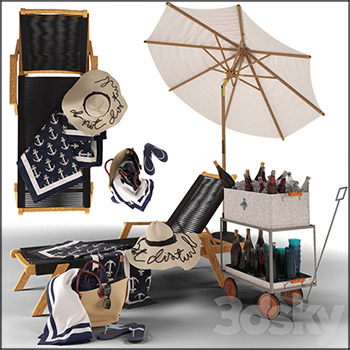 海滩渡假躺椅沙滩椅和酒水遮阳伞3D
